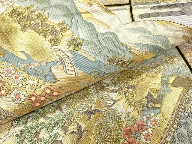 平和屋着物▼六通柄袋帯　唐織　歌絵物語　御苑秀景文　金銀糸　正絹　逸品　DABJ7098fe