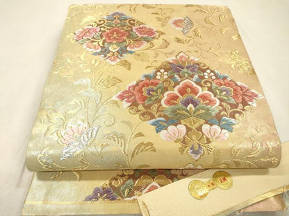 平和屋着物▼西陣　六通柄袋帯　唐織　花唐草菱文　金銀糸　証紙付き　正絹　逸品　未使用　DABJ7107fe