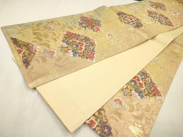 平和屋着物▼西陣　六通柄袋帯　唐織　花唐草菱文　金銀糸　証紙付き　正絹　逸品　未使用　DABJ7107fe