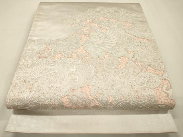 平和屋着物▼中国三大刺繍　スワトウ刺繍　汕頭刺繍　相良刺繍　総刺繍　太鼓柄袋帯　鳳凰更紗花唐草文　銀彩　正絹　逸品　DABJ7112fe