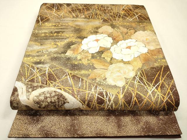 平和屋着物▼太鼓柄袋帯　駒刺繍　地紙花文　金銀彩　正絹　逸品　DABJ7116fe