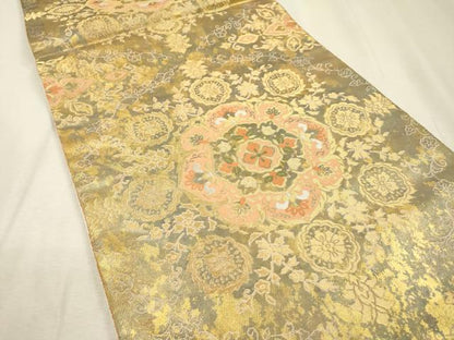 平和屋着物▼西陣　服部織物謹製　六通柄袋帯　こはく錦　手工芸　正倉院　金銀糸　引箔　正絹　逸品　DABJ7129fe
