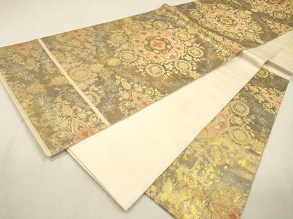 平和屋着物▼西陣　服部織物謹製　六通柄袋帯　こはく錦　手工芸　正倉院　金銀糸　引箔　正絹　逸品　DABJ7129fe