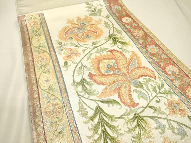 平和屋着物▼太鼓柄袋帯　駒刺繍　総刺繍　花唐草間道　金銀糸　正絹　逸品　DABJ7175fe