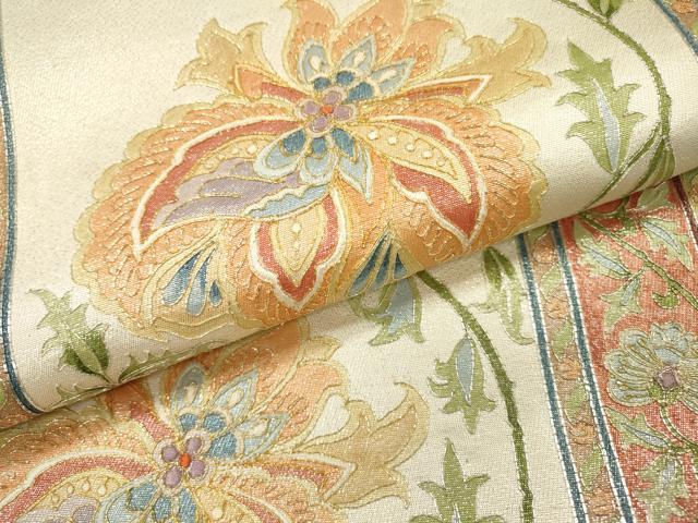 平和屋着物▼太鼓柄袋帯　駒刺繍　総刺繍　花唐草間道　金銀糸　正絹　逸品　DABJ7175fe