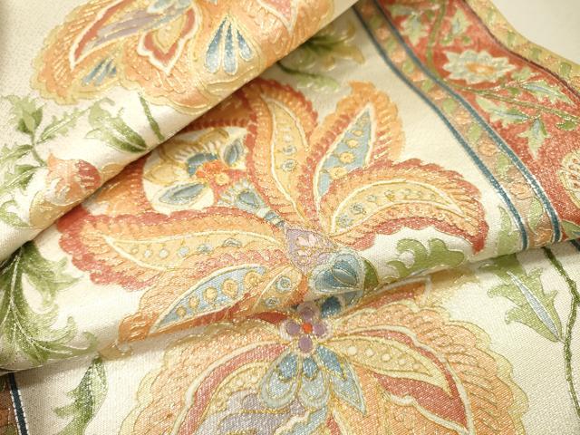 平和屋着物▼太鼓柄袋帯　駒刺繍　総刺繍　花唐草間道　金銀糸　正絹　逸品　DABJ7175fe