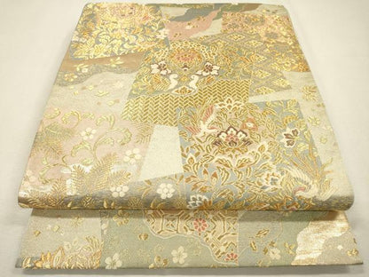 平和屋着物▼六通柄袋帯　正倉院色紙文　金糸　正絹　逸品　DABJ7183fe