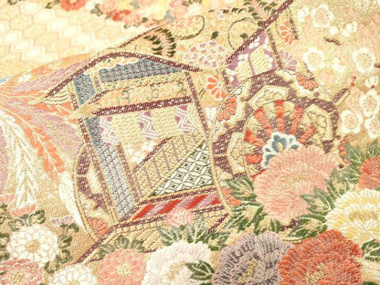 平和屋着物▼六通柄袋帯　唐織　道長鳳凰御車文　金糸　正絹　逸品　DABJ7185fe