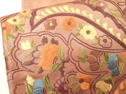 平和屋着物▼太鼓柄袋帯　総刺繍　洋花文　正絹　逸品　DABJ7206fe