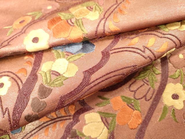 平和屋着物▼太鼓柄袋帯　総刺繍　洋花文　正絹　逸品　DABJ7206fe
