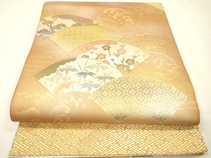 平和屋着物▼太鼓柄袋帯　扇面松竹梅　黄金　鑑定書付き　正絹　逸品　DABJ7216fe