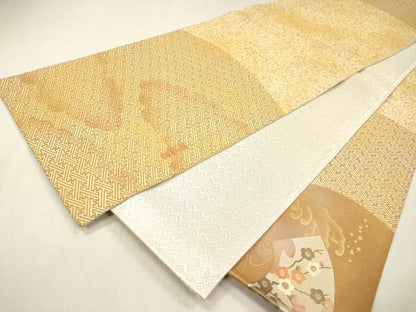 平和屋着物▼太鼓柄袋帯　扇面松竹梅　黄金　鑑定書付き　正絹　逸品　DABJ7216fe