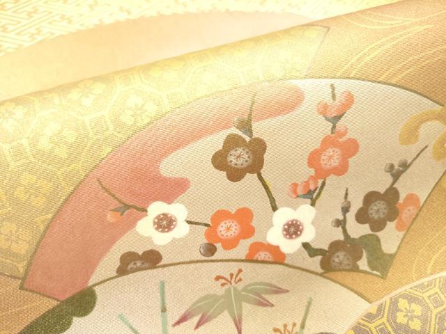 平和屋着物▼太鼓柄袋帯　扇面松竹梅　黄金　鑑定書付き　正絹　逸品　DABJ7216fe