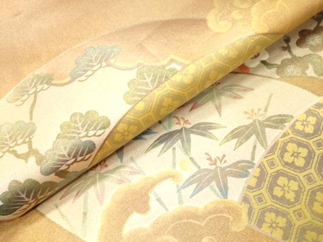 平和屋着物▼太鼓柄袋帯　扇面松竹梅　黄金　鑑定書付き　正絹　逸品　DABJ7216fe