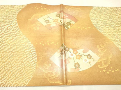 平和屋着物▼太鼓柄袋帯　扇面松竹梅　黄金　鑑定書付き　正絹　逸品　DABJ7216fe
