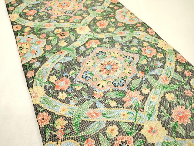 平和屋着物●八寸名古屋帯　紬地　花唐草文　金糸　正絹　逸品　DABJ7221fe