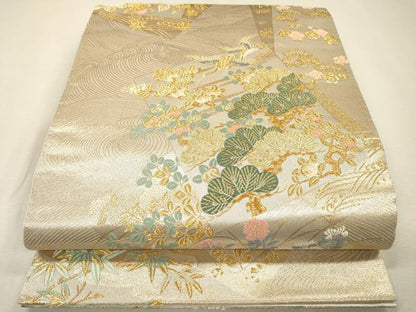平和屋着物▼六通柄袋帯　唐織　聚花春秋　翔鶴色紙文　金銀糸　正絹　逸品　DABJ7242fe