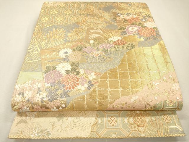平和屋着物▼六通柄袋帯　色紙吉祥花文　金糸　正絹　逸品　DABJ7246fe