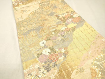 平和屋着物▼六通柄袋帯　色紙吉祥花文　金糸　正絹　逸品　DABJ7246fe