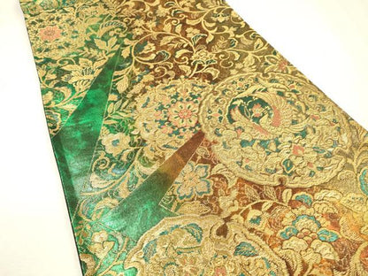平和屋着物▼六通柄袋帯　鳳凰花唐草絵皿文　金糸　引箔　正絹　逸品　DABJ7262fe