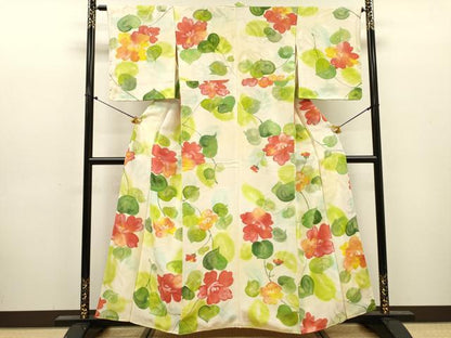 平和屋着物▼上質な小紋　地紋起こし　手描き　草花　正絹　逸品　DABJ7312fe