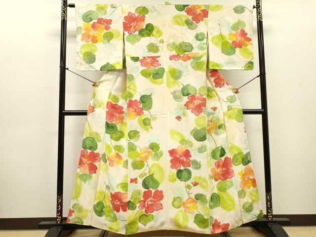 平和屋着物▼上質な小紋　地紋起こし　手描き　草花　正絹　逸品　DABJ7312fe
