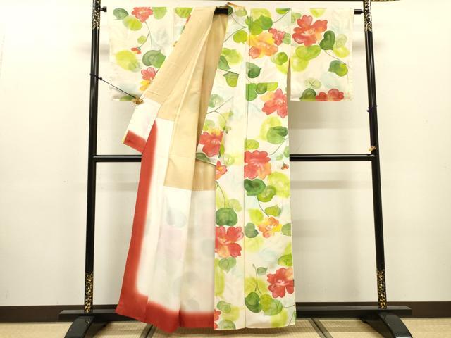 平和屋着物▼上質な小紋　地紋起こし　手描き　草花　正絹　逸品　DABJ7312fe