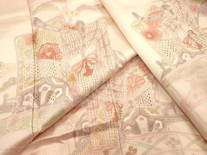 平和屋着物▼中国三大刺繍　スワトウ刺繍　汕頭刺繍　相良刺繍　総刺繍　訪問着　御所車花文　暈し染　正絹　逸品　未使用　DABJ7324fe