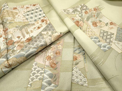 平和屋着物▼訪問着　総刺繍　短冊吉祥花文　暈し染　金糸　やまと誂製　正絹　逸品　DABJ7335fe