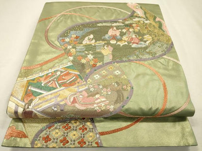 平和屋着物▼中国三大刺繍　相良刺繍　総刺繍　太鼓柄袋帯　平安風景文　金銀糸　正絹　逸品　DABJ7357fe