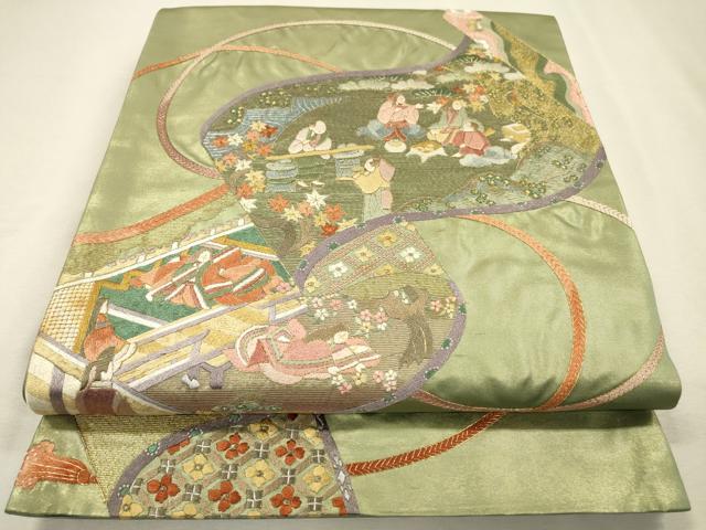 平和屋着物▼中国三大刺繍　相良刺繍　総刺繍　太鼓柄袋帯　平安風景文　金銀糸　正絹　逸品　DABJ7357fe