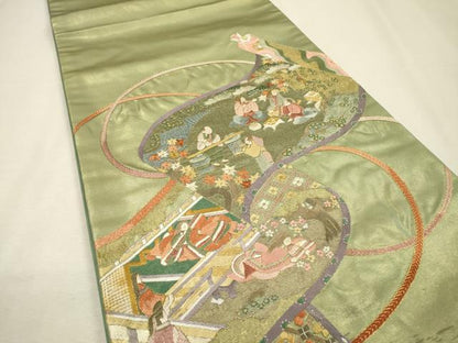 平和屋着物▼中国三大刺繍　相良刺繍　総刺繍　太鼓柄袋帯　平安風景文　金銀糸　正絹　逸品　DABJ7357fe