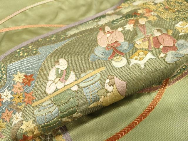 平和屋着物▼中国三大刺繍　相良刺繍　総刺繍　太鼓柄袋帯　平安風景文　金銀糸　正絹　逸品　DABJ7357fe