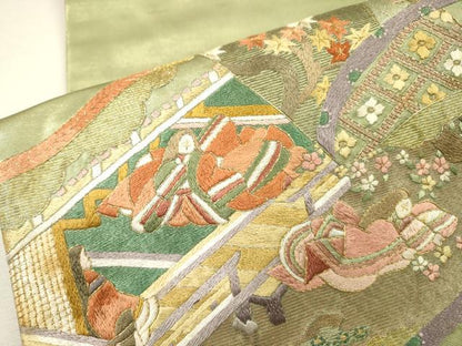 平和屋着物▼中国三大刺繍　相良刺繍　総刺繍　太鼓柄袋帯　平安風景文　金銀糸　正絹　逸品　DABJ7357fe