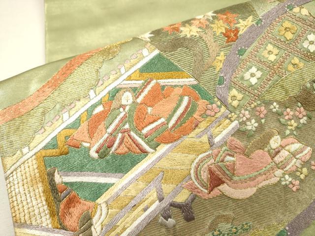 平和屋着物▼中国三大刺繍　相良刺繍　総刺繍　太鼓柄袋帯　平安風景文　金銀糸　正絹　逸品　DABJ7357fe