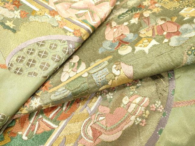 平和屋着物▼中国三大刺繍　相良刺繍　総刺繍　太鼓柄袋帯　平安風景文　金銀糸　正絹　逸品　DABJ7357fe