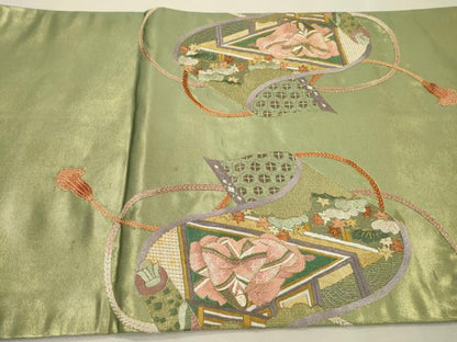 平和屋着物▼中国三大刺繍　相良刺繍　総刺繍　太鼓柄袋帯　平安風景文　金銀糸　正絹　逸品　DABJ7357fe