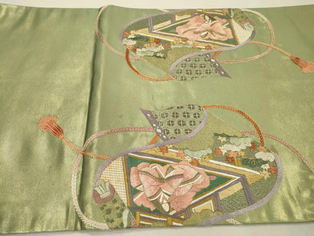 平和屋着物▼中国三大刺繍　相良刺繍　総刺繍　太鼓柄袋帯　平安風景文　金銀糸　正絹　逸品　DABJ7357fe