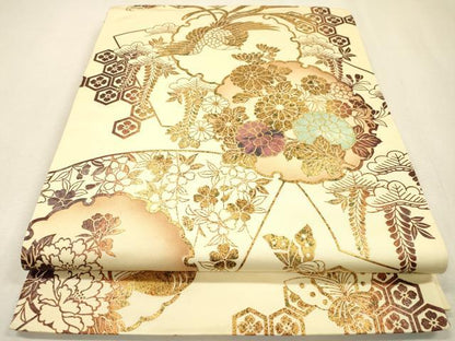 平和屋着物▼西陣　全通柄袋帯　雪輪吉祥花鳥文　金銀彩　証紙付き　正絹　逸品　未使用　DABJ7376fe