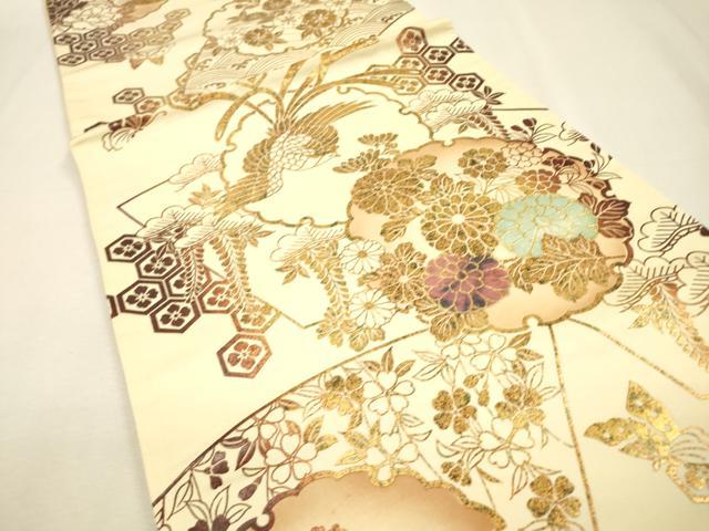 平和屋着物▼西陣　全通柄袋帯　雪輪吉祥花鳥文　金銀彩　証紙付き　正絹　逸品　未使用　DABJ7376fe