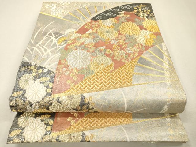 平和屋着物▼六通柄袋帯　扇面蒔絵紋　金銀糸　引箔　正絹　逸品　DABJ7415fe