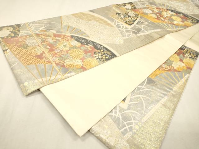 平和屋着物▼六通柄袋帯　扇面蒔絵紋　金銀糸　引箔　正絹　逸品　DABJ7415fe