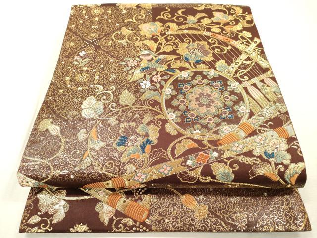 平和屋着物▼六通柄袋帯　唐織　正倉院楽器づくし　金糸　正絹　逸品　DABJ7418fe