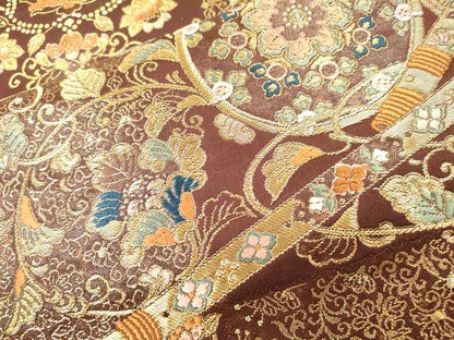 平和屋着物▼六通柄袋帯　唐織　正倉院楽器づくし　金糸　正絹　逸品　DABJ7418fe
