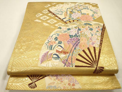 平和屋着物▼六通柄袋帯　唐織　光輝雅錦　扇面御所車花鳥文　金箔　正絹　逸品　DABJ7419fe