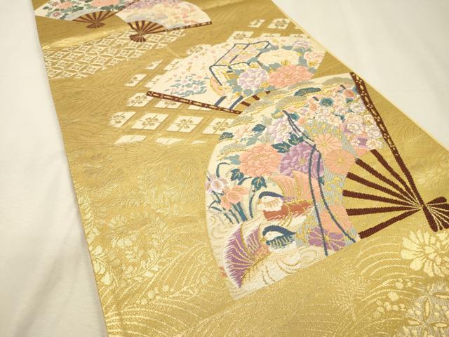 平和屋着物▼六通柄袋帯　唐織　光輝雅錦　扇面御所車花鳥文　金箔　正絹　逸品　DABJ7419fe
