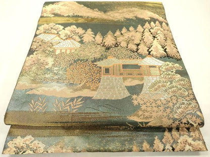 平和屋着物▼西陣　服部織物謹製　六通柄袋帯　京洛風景文　金糸　引箔　やまと誂製　正絹　逸品　DABJ7425fe