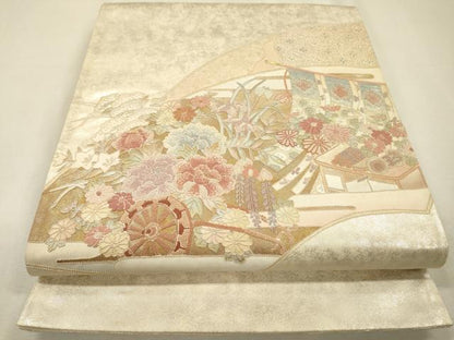 平和屋着物▼中国三大刺繍　相良刺繍　総刺繍　太鼓柄袋帯　花車几帳文　金銀糸　正絹　逸品　DABJ7433fe