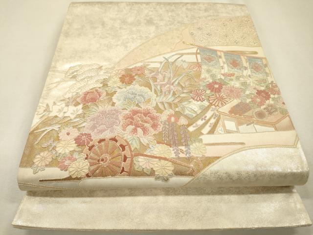 平和屋着物▼中国三大刺繍　相良刺繍　総刺繍　太鼓柄袋帯　花車几帳文　金銀糸　正絹　逸品　DABJ7433fe