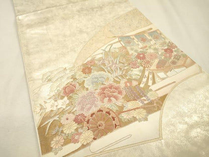 平和屋着物▼中国三大刺繍　相良刺繍　総刺繍　太鼓柄袋帯　花車几帳文　金銀糸　正絹　逸品　DABJ7433fe